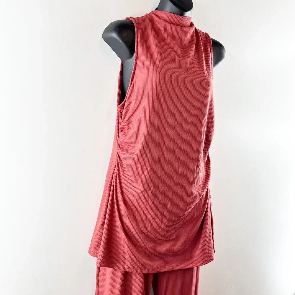En Elly Anthropologie 2 Piece Ribbed High Neck Top & Flare Pants Red Medium - Picture 10 of 10